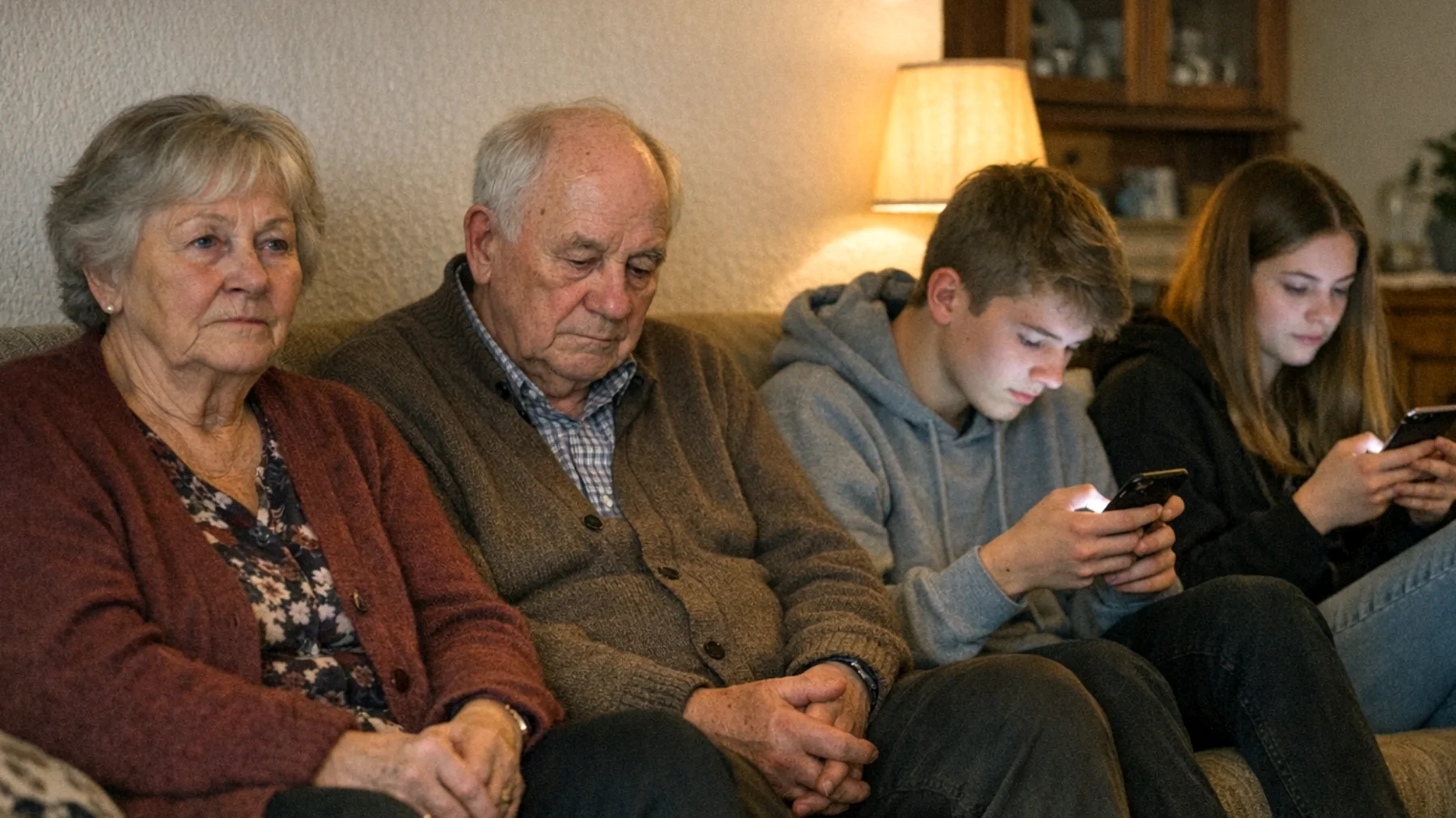 Die Großeltern bemerken, dass ihre Enkelkinder (Jugendliche) während der gemeinsamen Zeit ständig mit Smartphones oder Videospielen beschäftigt sind. Jeder Versuch, ein Gespräch zu beginnen oder gemeinsame Aktivitäten vorzuschlagen, wird abgelehnt oder ignoriert. Die Großeltern fühlen sich ausgeschlossen und verstehen nicht, wie sie mit dieser digitalen Welt umgehen sollen, was zu wachsender Frustration und emotionaler Distanz führt."