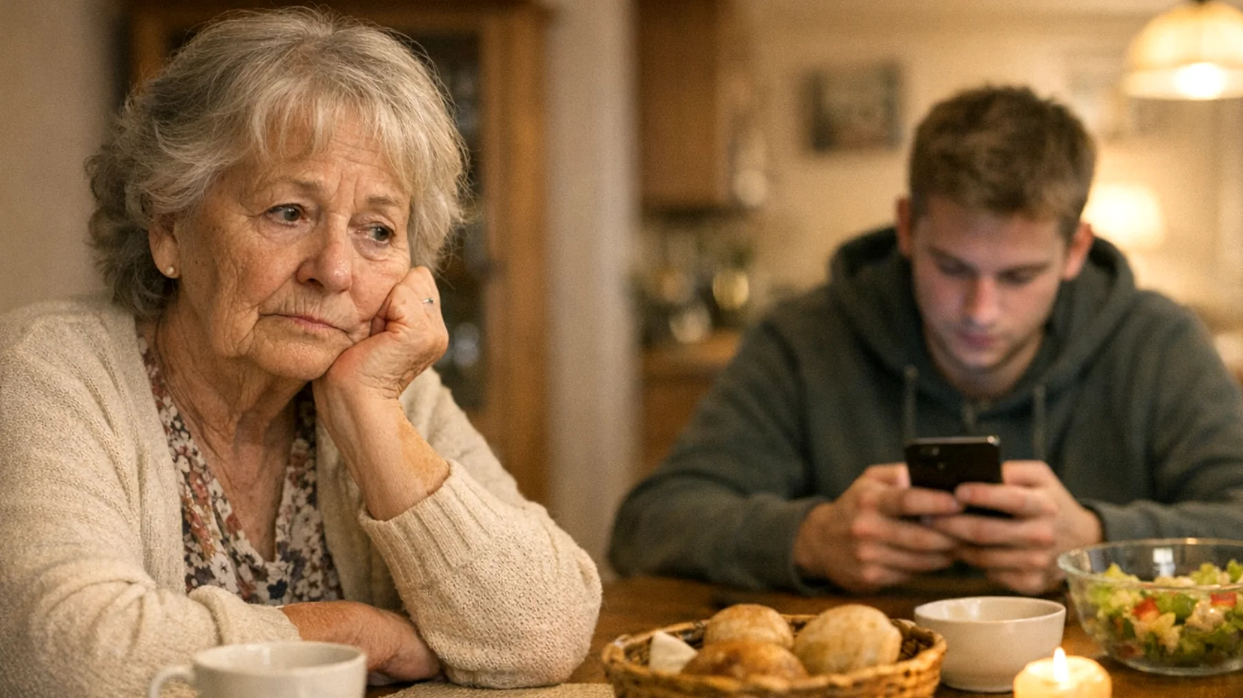 Die Oma bemerkt, dass ihr erwachsenes Enkelkind seine gesamte Freizeit mit dem Smartphone verbringt – auch bei gemeinsamen Besuchen. Gespräche werden ständig unterbrochen, Mahlzeiten in Stille verbracht und gemeinsame Aktivitäten abgelehnt. Die Oma fühlt sich unsichtbar und ausgegrenzt, versteht die Faszination der Technologie nicht und weiß nicht, wie sie das Thema ansprechen soll, ohne einen Konflikt auszulösen oder das Enkelkind zu vergraulen."