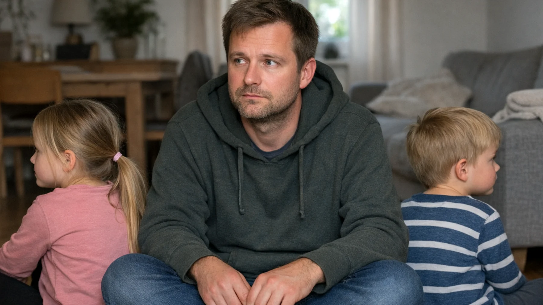 Der Vater hat Schwierigkeiten, eine offene und effektive Kommunikation mit seinen kleinen Kindern aufzubauen. Er weiß oft nicht, wie er sich altersgerecht ausdrücken soll, und die Kinder ziehen sich zurück oder reagieren nicht auf seine Versuche, Gespräche zu führen. Dies führt zu einer wachsenden emotionalen Distanz zwischen ihm und seinen Kindern, obwohl er sich mehr Nähe wünscht."